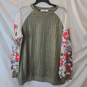 Lovesoft‎ Laurel Green Long Floral Sleeves Ribbed Pullover Sweater Sz XL Boho